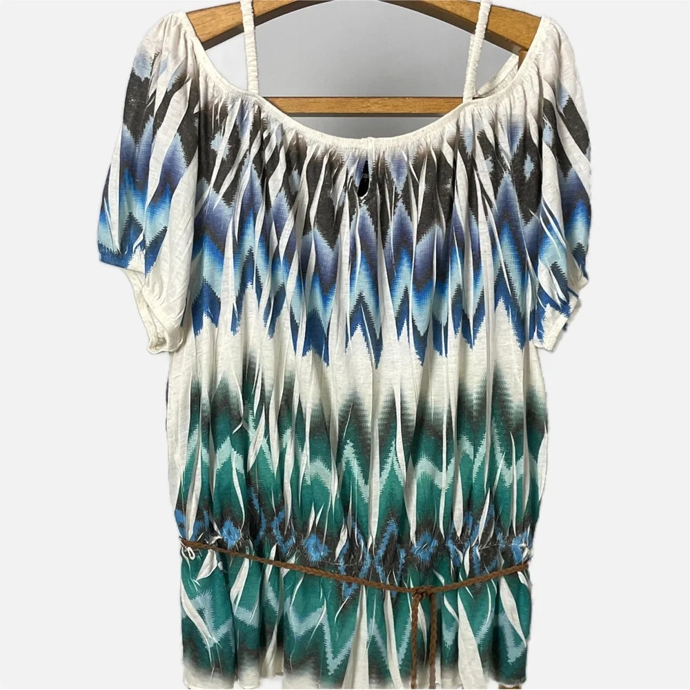 Lane Bryant Factory Boho Linen Top Popover Size 26/28W Aztec Belt Cold Shoulder‎